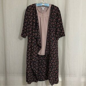 LuLaRoe S Navy Pink Green Ditsy Floral Open Front Kimono Duster